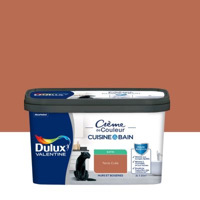 Peinture haute résistance Crème de couleur cuisine et bain Dulux Valentine bronze terre cuite satin 2L