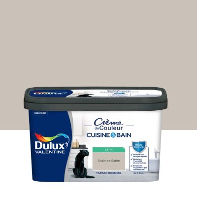 Peinture haute résistance Crème de couleur cuisine et bain Dulux Valentine grain de sable satin 2L