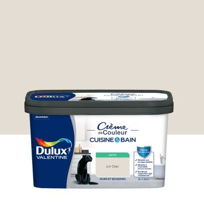 Peinture haute résistance Crème de couleur cuisine et bain Dulux Valentine lin clair satin 2L