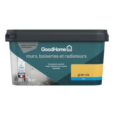 Peinture intérieure couleur murs, boiseries et radiateurs GoodHome mat gran via Jaune 2.5L