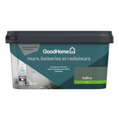 Peinture intérieure couleur murs, boiseries et radiateurs GoodHome satin ballina vert 2.5L