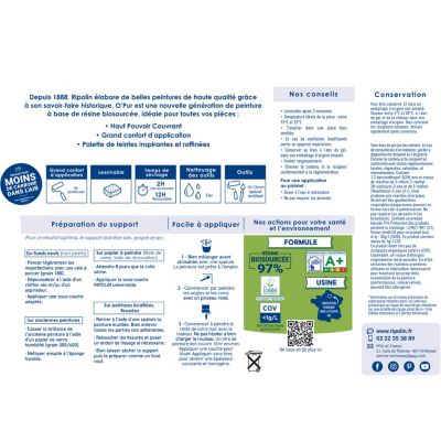 Peinture intérieure multisupport Ripolin O'pur blanc casse satin velouté 2L