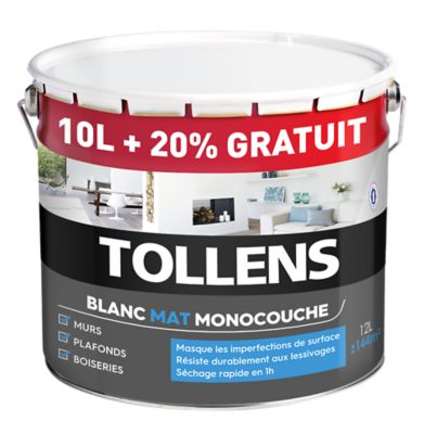 Peinture Monocouche Murs Plafonds Boiseries Tollens Blanc Mat 10L + 20% ...