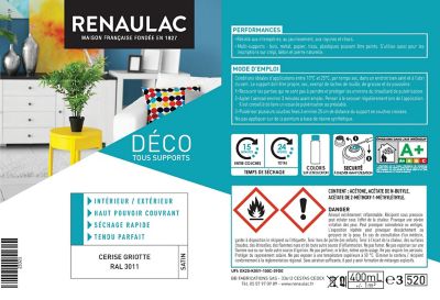 Peinture multi-supports en aérosol Renaulac cerise griotte satin 400ml