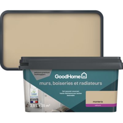 Peinture murs, boiseries et radiateurs beige monteria velours GoodHome Premium 2.5 L