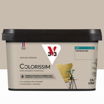Peinture murs, boiseries et radiateurs beige poivre blanc mat V33 Colorissim 2.5 L