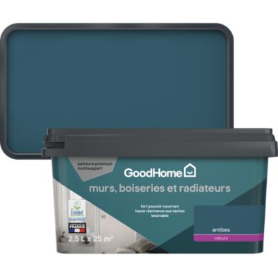 Peinture murs, boiseries et radiateurs bleu antibes velours GoodHome Premium 2.5 L