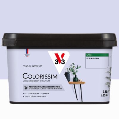 Peinture murs, boiseries et radiateurs bleu fleur de lin satin V33 Colorissim 2.5 L