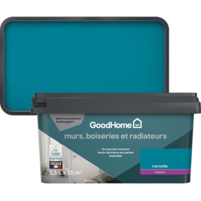 Peinture murs, boiseries et radiateurs bleu marseille velours GoodHome Premium 2.5 L