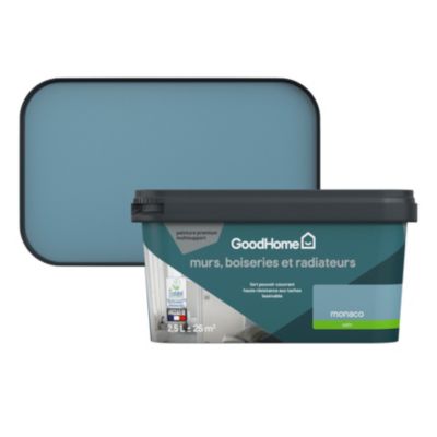 Peinture murs, boiseries et radiateurs bleu monaco satin GoodHome Premium 2.5 L