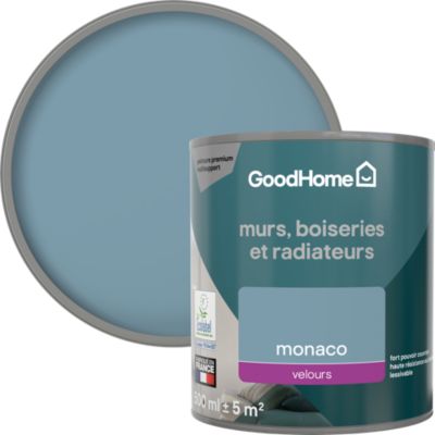 Peinture murs, boiseries et radiateurs bleu monaco velours GoodHome Premium 0.5 L