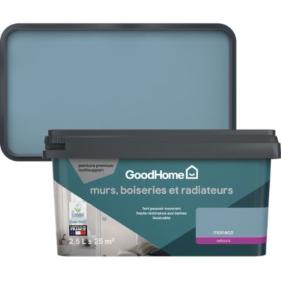 Peinture murs, boiseries et radiateurs bleu monaco velours GoodHome Premium 2.5 L