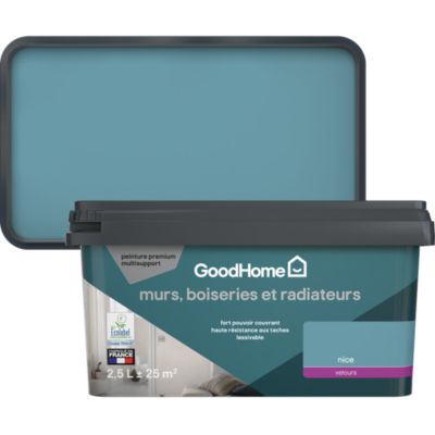 Peinture murs, boiseries et radiateurs bleu nice velours GoodHome Premium 2.5 L