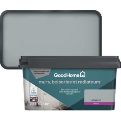 Peinture murs, boiseries et radiateurs gris brooklyn velours GoodHome Premium 2.5 L
