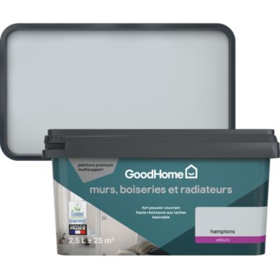 Peinture murs, boiseries et radiateurs gris hamptons satin GoodHome Premium 2.5 L