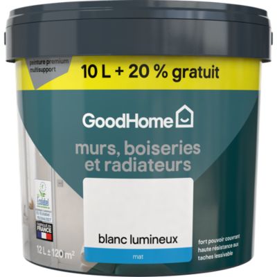 Peinture murs, boiseries et radiateurs haute résistance blanc mat GoodHome 10L + 20% gratuit