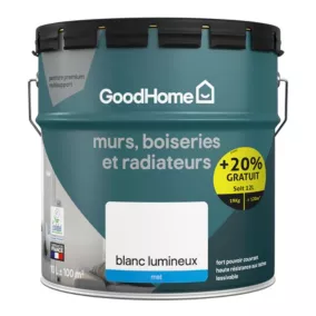 Peinture murs, boiseries et radiateurs haute résistance blanc mat GoodHome 10L + 20% gratuit