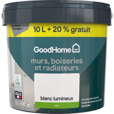 Peinture murs, boiseries et radiateurs haute résistance blanc satin GoodHome 10L + 20% gratuit