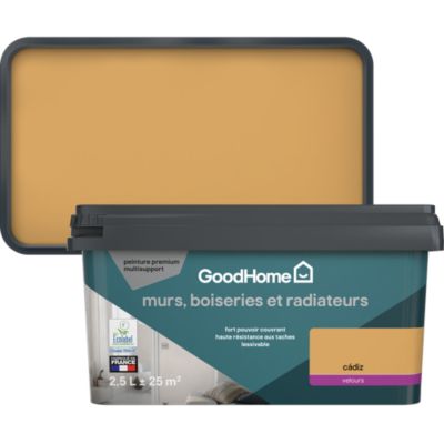Peinture murs, boiseries et radiateurs jaune cádiz velours GoodHome Premium 2.5 L