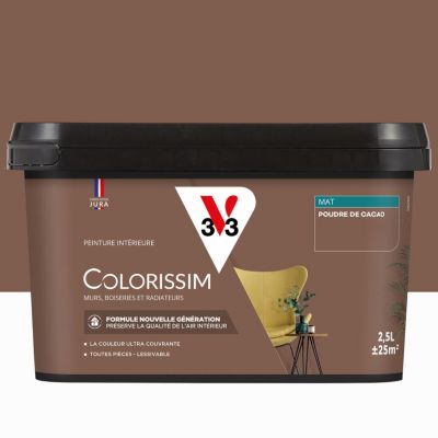 Peinture murs, boiseries et radiateurs marron poudre de cacao mat V33 Colorissim 2.5 L