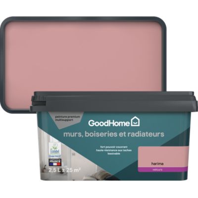 Peinture murs, boiseries et radiateurs rose harima velours GoodHome Premium 2.5 L
