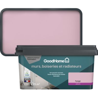 Peinture murs, boiseries et radiateurs rose hyogo velours GoodHome Premium 2.5 L