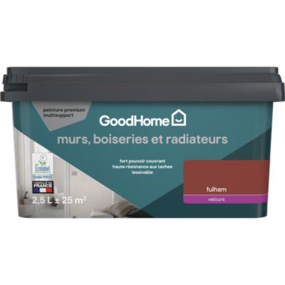Peinture murs, boiseries et radiateurs rouge fulham velours GoodHome Premium 2.5 L