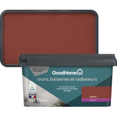 Peinture murs, boiseries et radiateurs rouge fulham velours GoodHome Premium 2.5 L