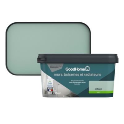 Peinture murs, boiseries et radiateurs vert artane satin GoodHome Premium 2.5 L