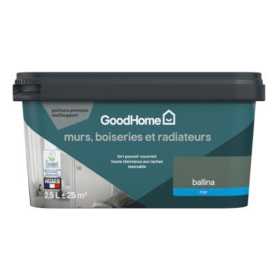 Peinture murs, boiseries et radiateurs vert ballina mat GoodHome Premium 2.5 L