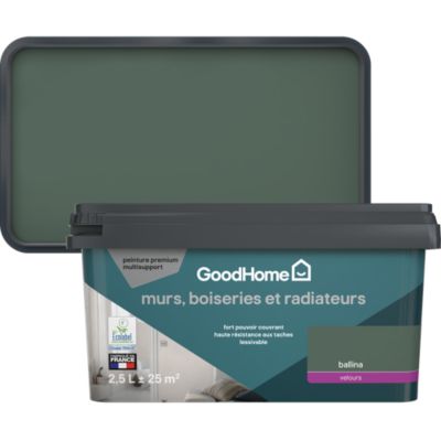 Peinture murs, boiseries et radiateurs vert ballina velours GoodHome Premium 2.5 L