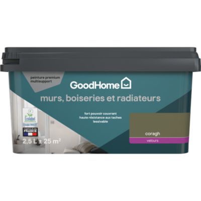 Peinture murs, boiseries et radiateurs vert coragh velours GoodHome Premium 2.5 L