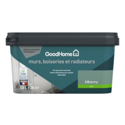 Peinture murs, boiseries et radiateurs vert kilkenny satin GoodHome Premium 2.5 L