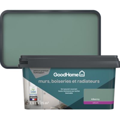 Peinture murs, boiseries et radiateurs vert kilkenny velours GoodHome Premium 2.5 L