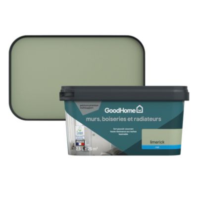 Peinture murs, boiseries et radiateurs vert limerick mat GoodHome Premium 2.5 L