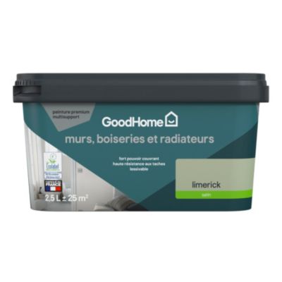Peinture murs, boiseries et radiateurs vert limerick satin GoodHome Premium 2.5 L