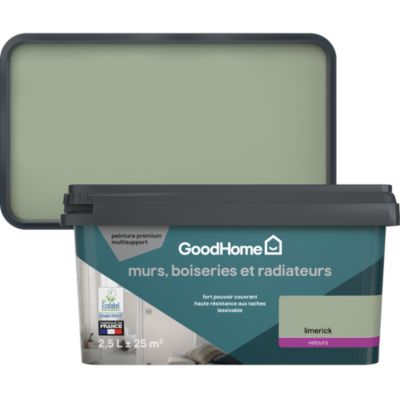 Peinture murs, boiseries et radiateurs vert limerick velours GoodHome Premium 2.5 L