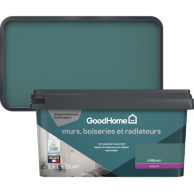 Peinture murs, boiseries et radiateurs vert milltown velours GoodHome Premium 2.5 L