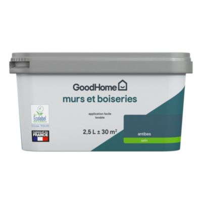 Peinture murs et boiseries bleu antibes satin GoodHome 2.5 L