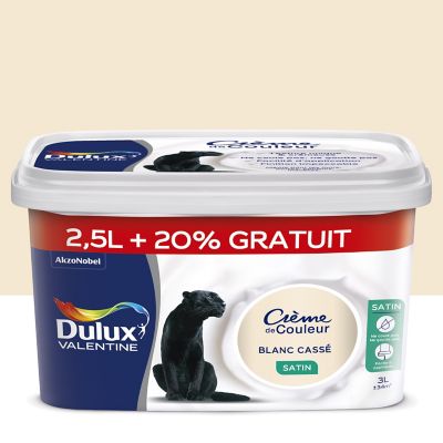 Peinture murs et boiseries Crème de Couleur Dulux Valentine satin blanc cassé 2,5L +20% gratuit