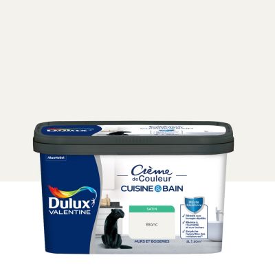 Peinture murs et boiseries cuisine et bain blanc satin Dulux Valentine Crème de couleur 2 L