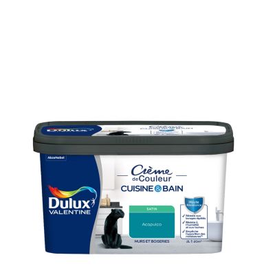 Peinture murs et boiseries cuisine et bain bleu acapulco satin Dulux Valentine Crème de couleur 2 L