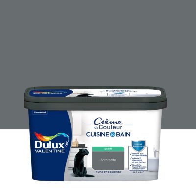 Peinture murs et boiseries cuisine et bain gris anthracite satin Dulux Valentine Crème de couleur 2 L