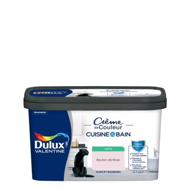 Peinture murs et boiseries cuisine et bain rose bouton de rose satin Dulux Valentine Crème de couleur 2 L