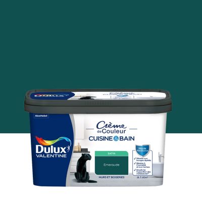 Peinture murs et boiseries cuisine et bain vert emeraude satin Dulux Valentine Crème de couleur 2 L