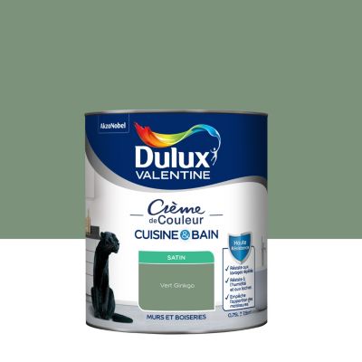Peinture murs et boiseries cuisine et bain vert ginkgo satin Dulux Valentine Crème de couleur 0.75 L
