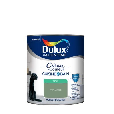 Peinture murs et boiseries cuisine et bain vert ginkgo satin Dulux Valentine Crème de couleur 0.75 L
