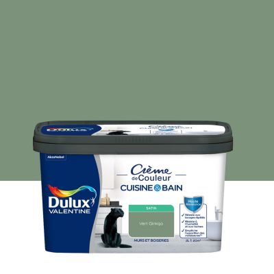 Peinture murs et boiseries cuisine et bain vert ginkgo satin Dulux Valentine Crème de couleur 2 L