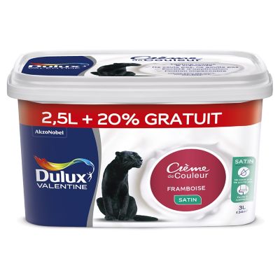 Peinture murs et boiseries Dulux Valentine Crème de couleur framboise satin 2,5L + 20% gratuit