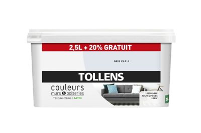 Peinture murs et boiseries Tollens gris clair satin 2,5L +20% gratuit